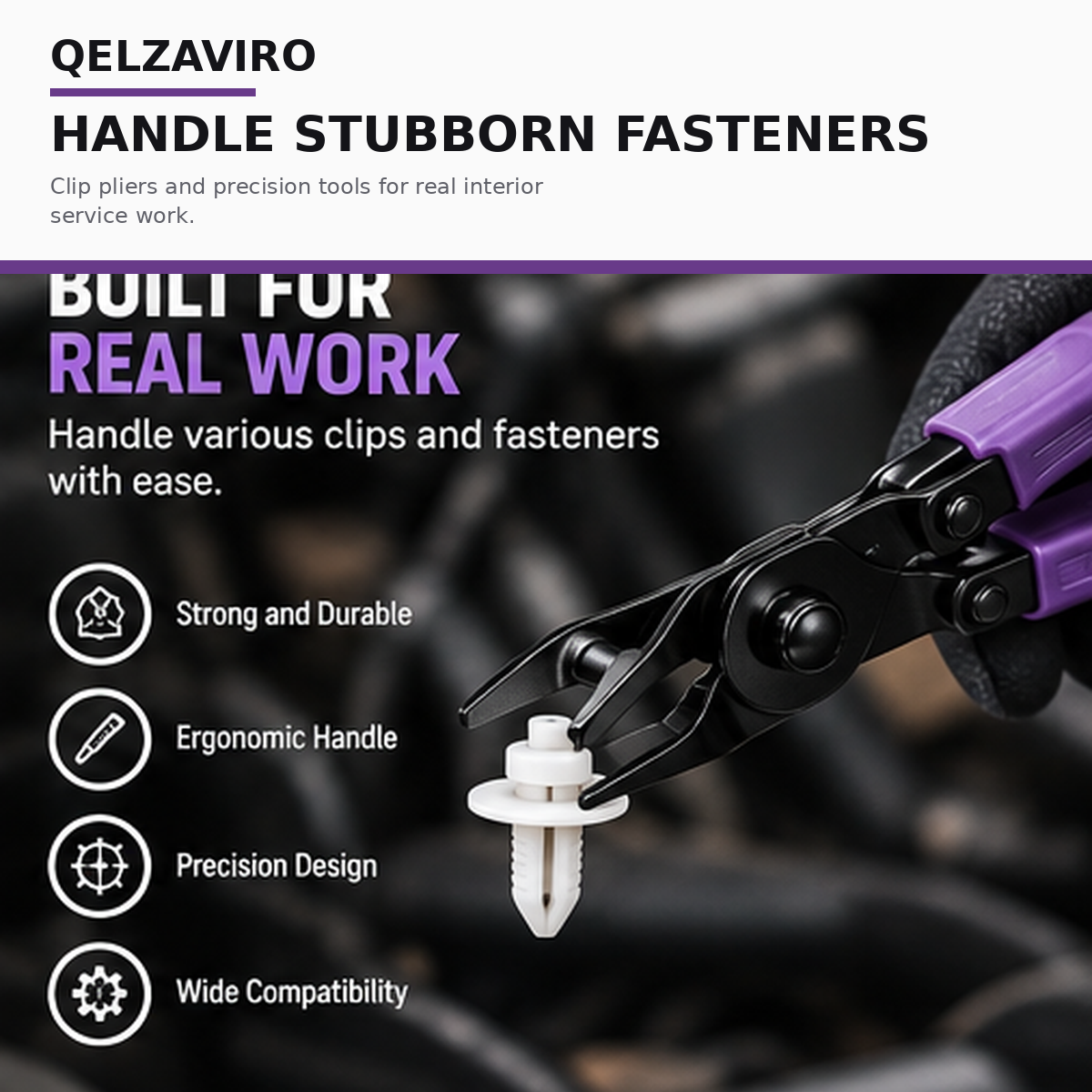 QELZAVIRO Precision Car Trim Removal & Clip Service Kit - Non-Marring Pry Tools, Clip Pliers & Roll-Up Organizer